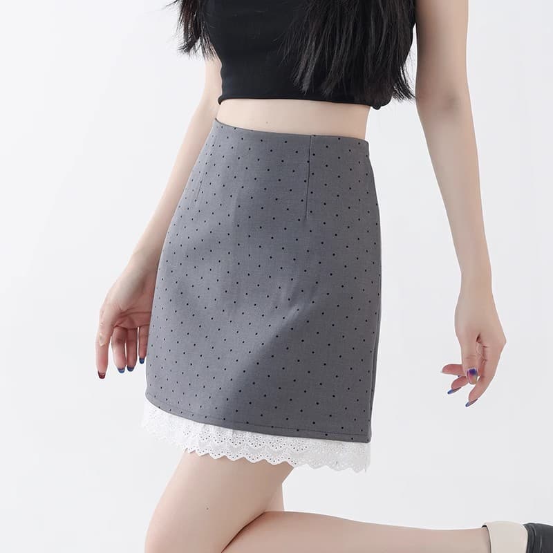 ミニスカート レース裾ドット柄ミニスカート