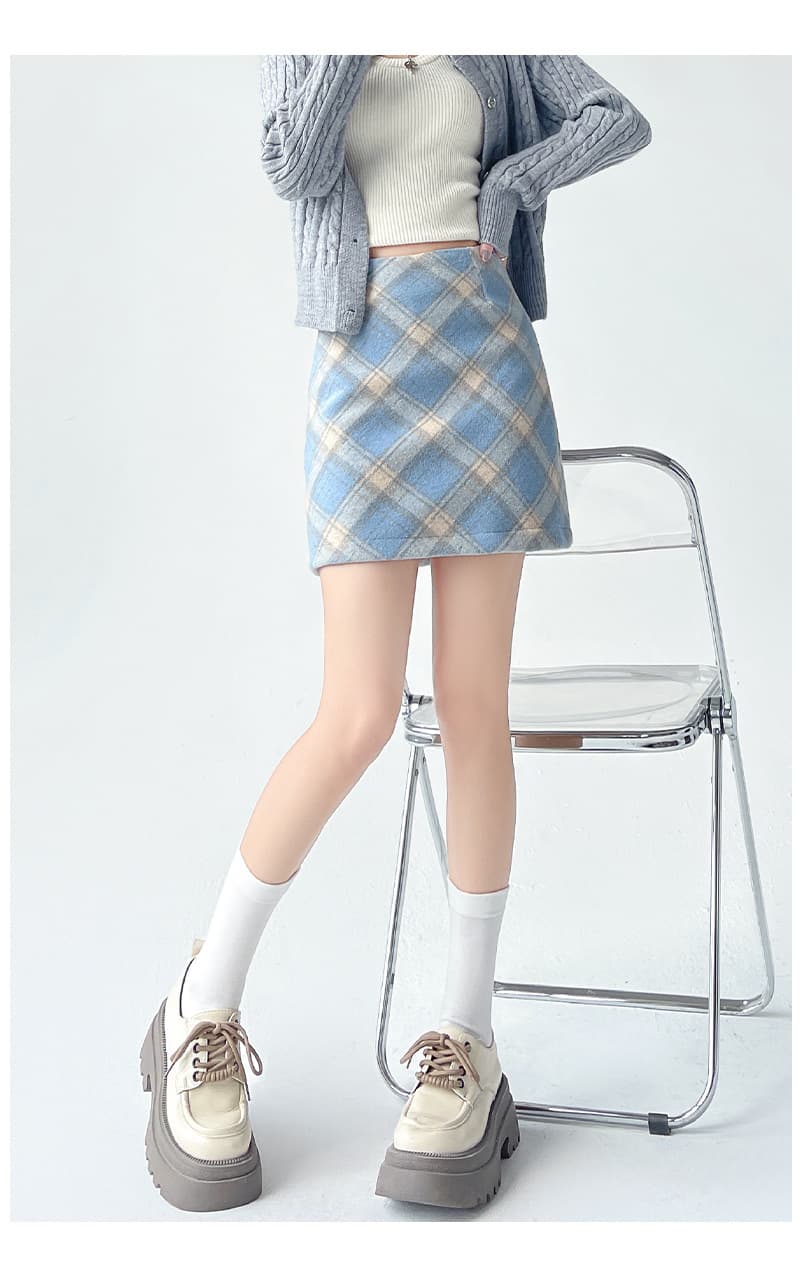 ミニスカート 温かみ格子柄ミニスカート