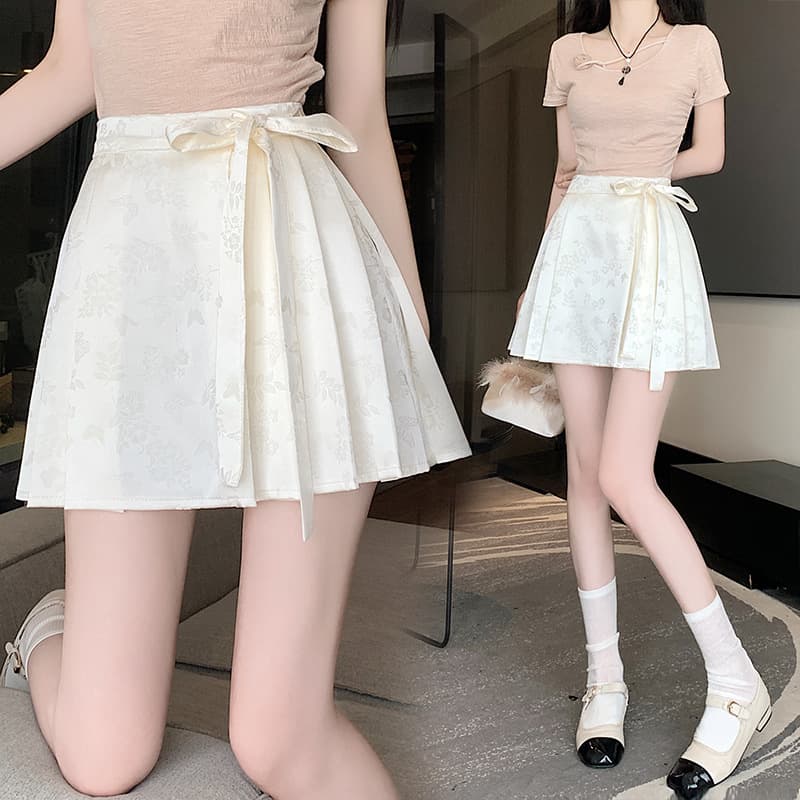 ミニスカート 花蝶舞うリボン付きプリーツミニスカート