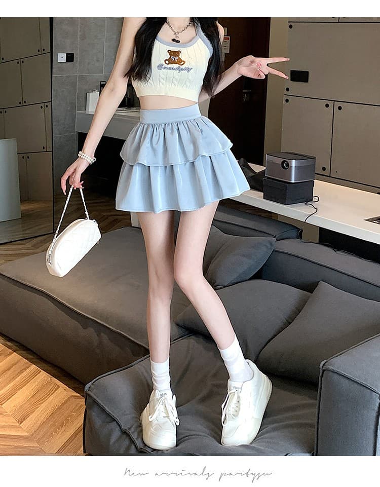 ミニスカート 二段重ねティアードフリルミニスカート