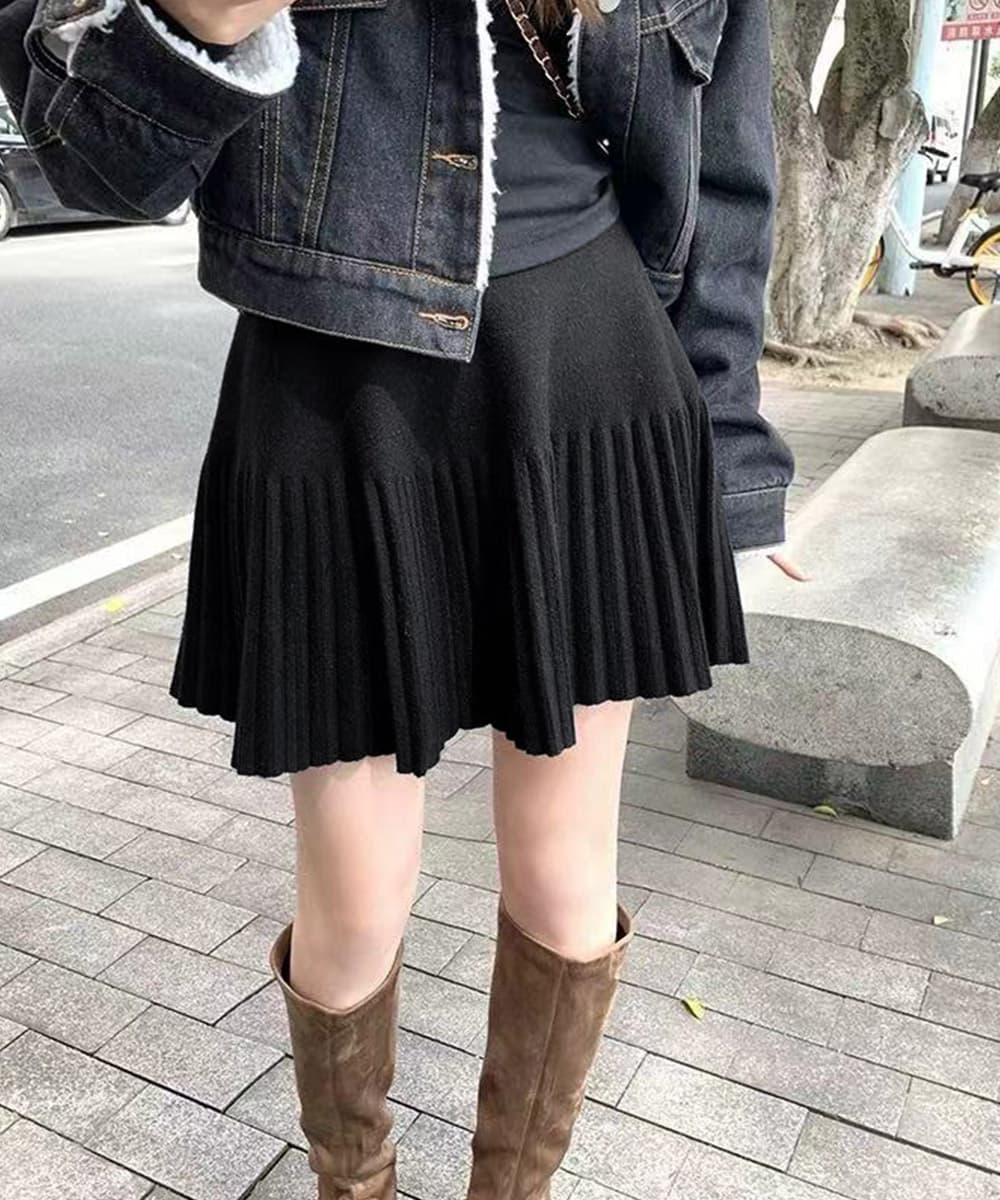 秋冬プリーツニットミニスカート