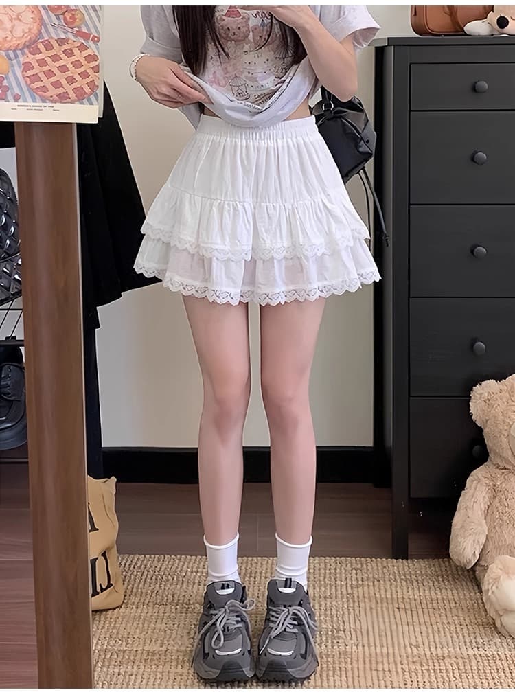 ミニスカート レース縁取り二段フリルミニスカート