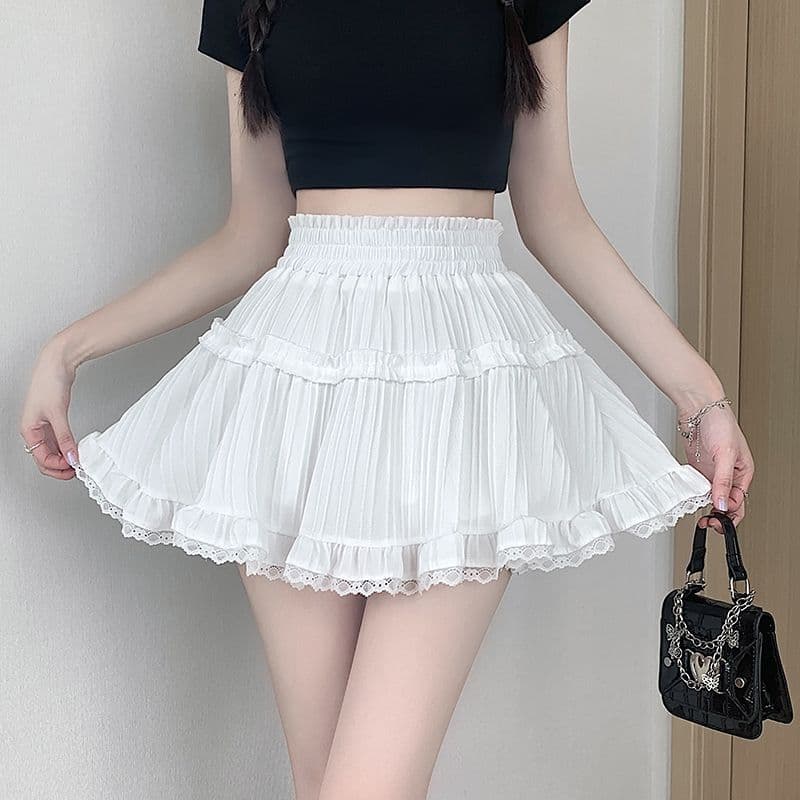 ミニスカート ふんわりプリーツレースミニスカート