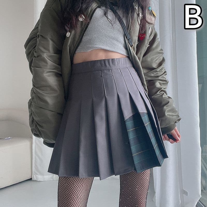 ハイウエストプリーツミニスカートチェック柄切替