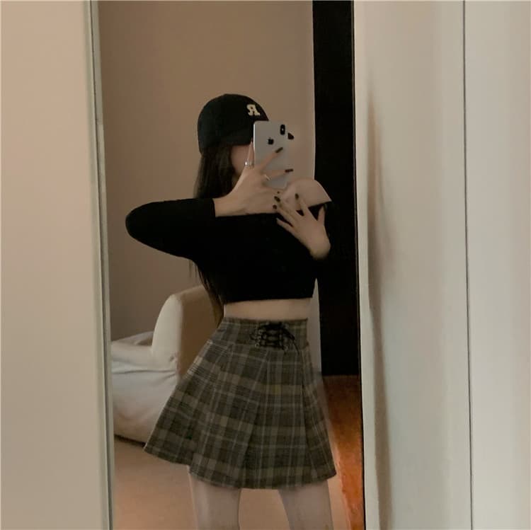 ハイウエストチェック柄プリーツミニスカート