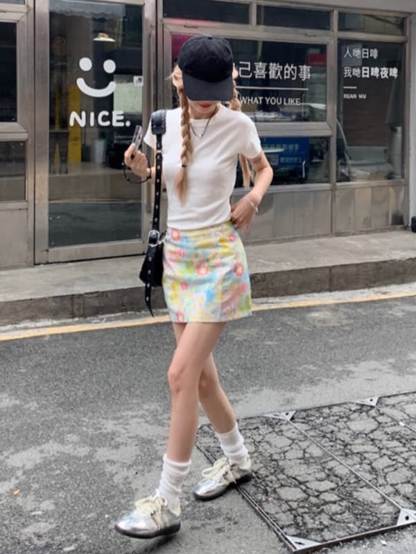 ミニスカート 花柄タイトミニスカート