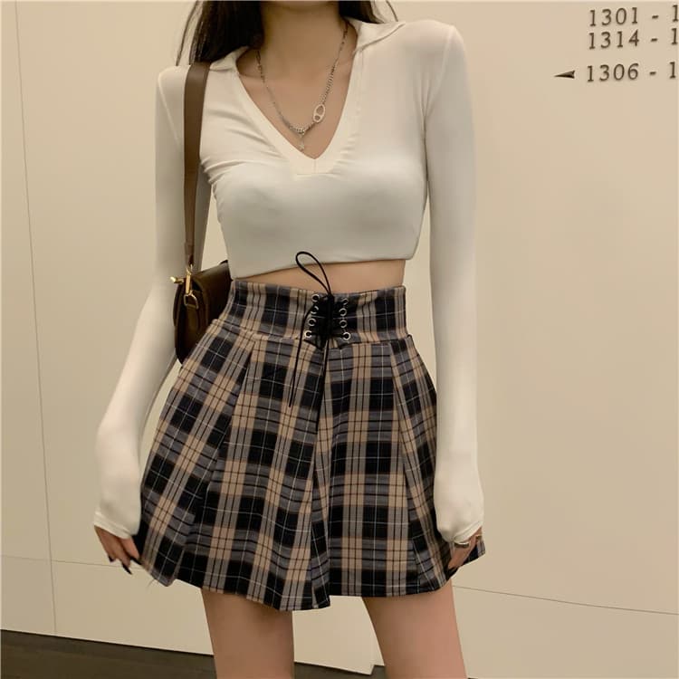 ハイウエストチェック柄プリーツミニスカート