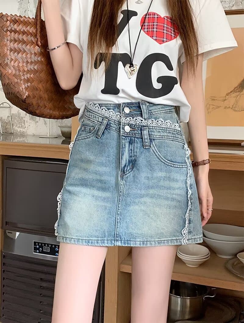 ミニスカート レース飾りデニムミニスカート