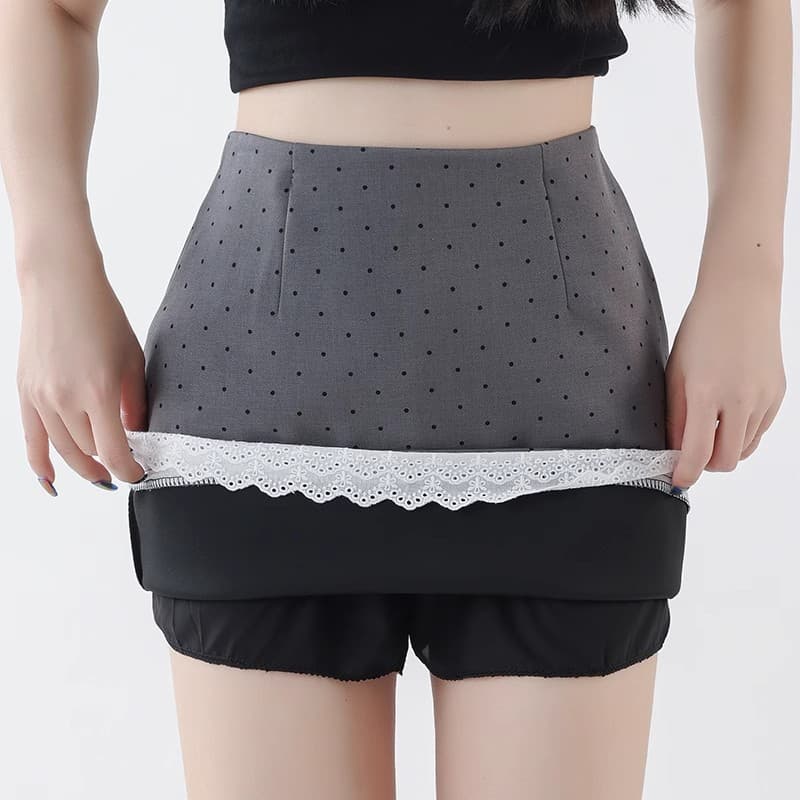 ミニスカート レース裾ドット柄ミニスカート