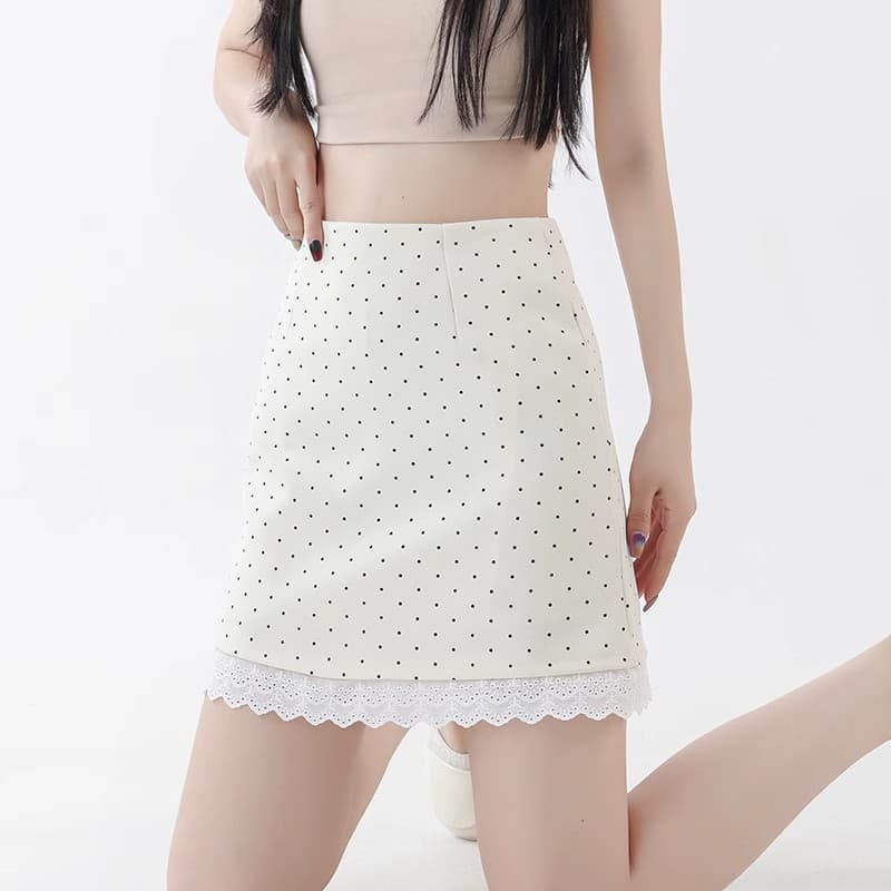 ミニスカート レース裾ドット柄ミニスカート
