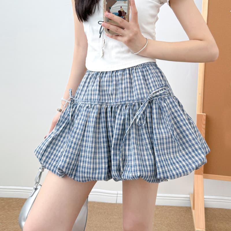 ミニスカート 格子柄ふんわりバルーンスカート