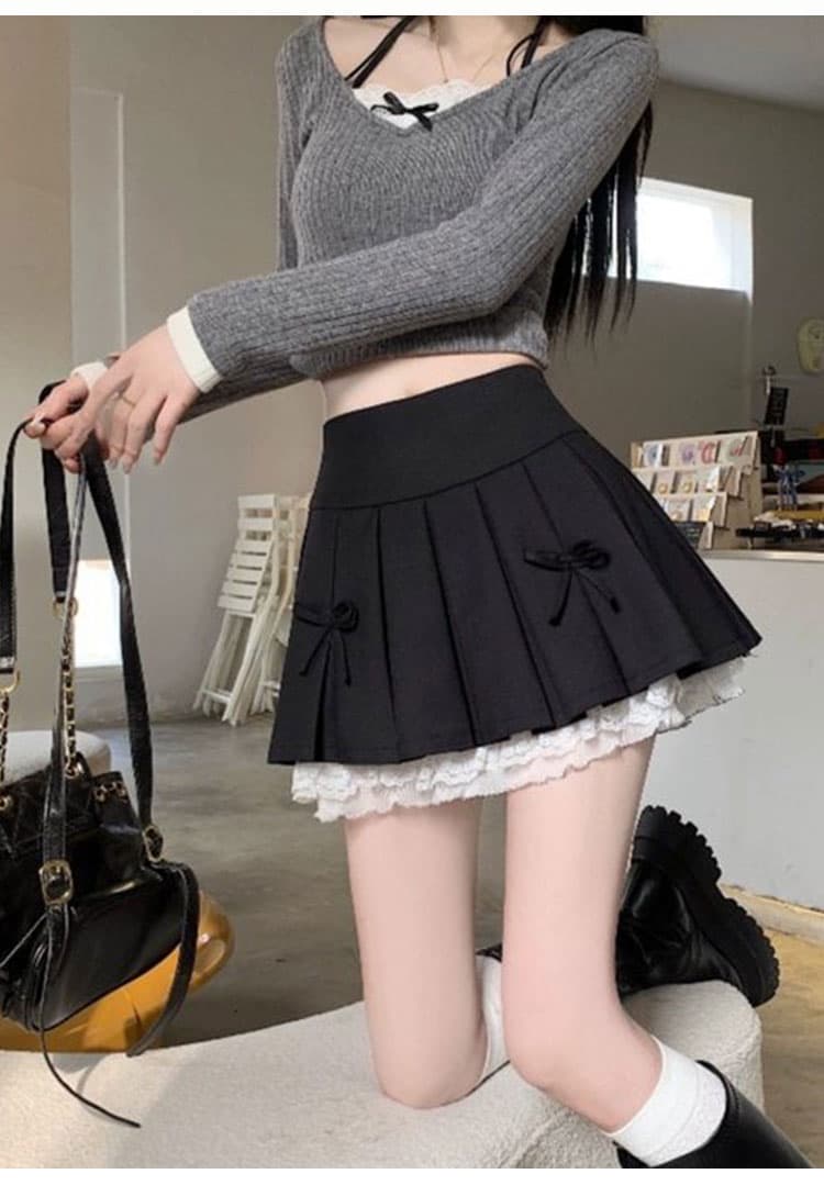 ミニスカート レース裾飾りリボンプリーツミニスカート