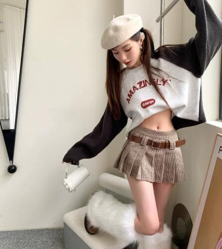 千鳥格子ハイウエストプリーツミニスカート