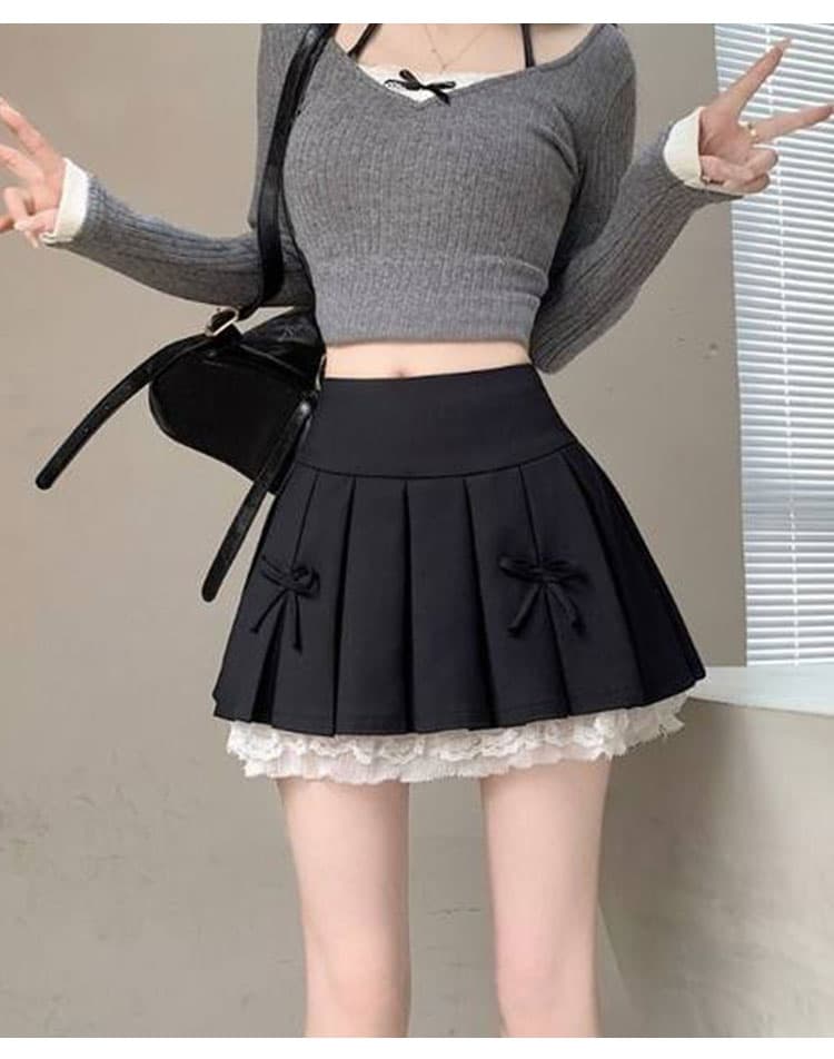 ミニスカート レース裾飾りリボンプリーツミニスカート