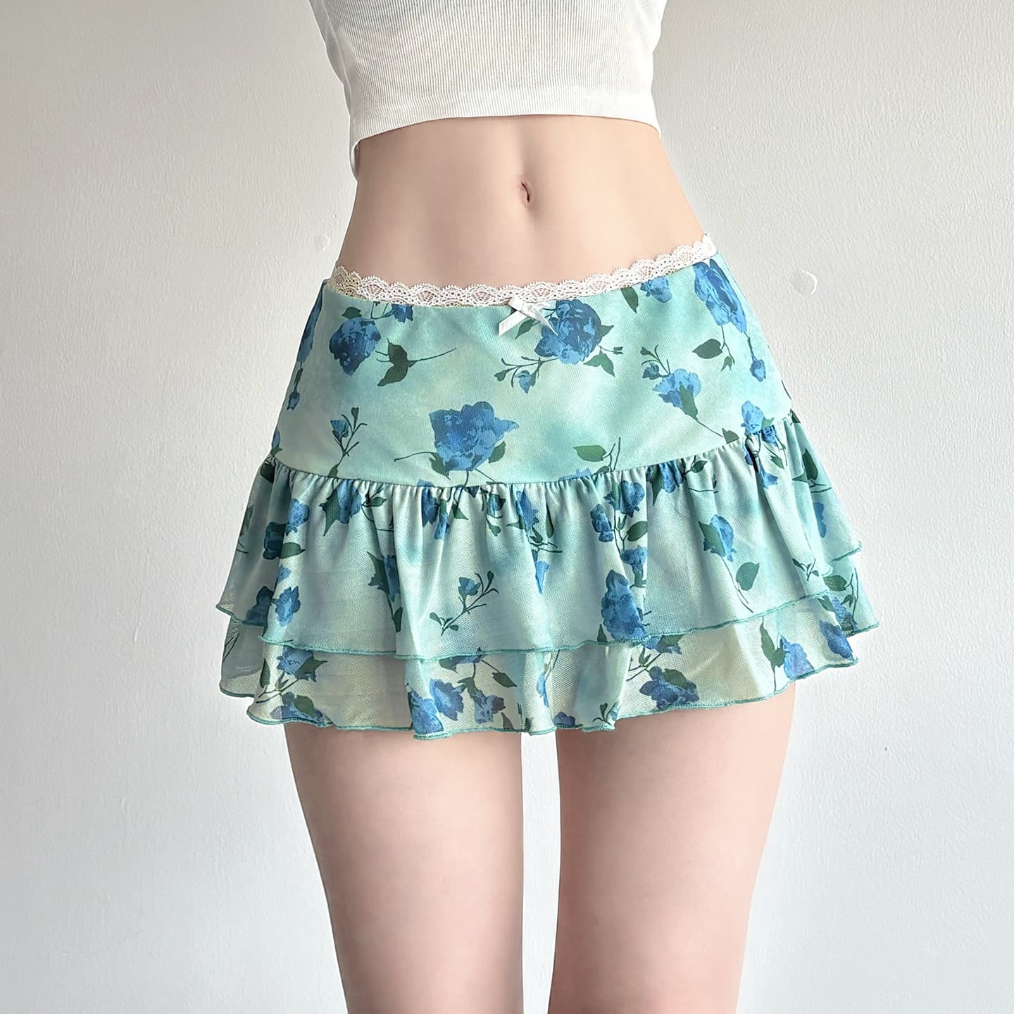 ミニスカート 花柄二段フリルミニスカート