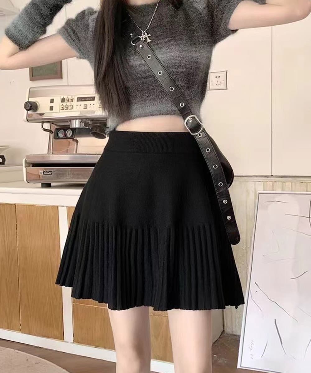 秋冬プリーツニットミニスカート
