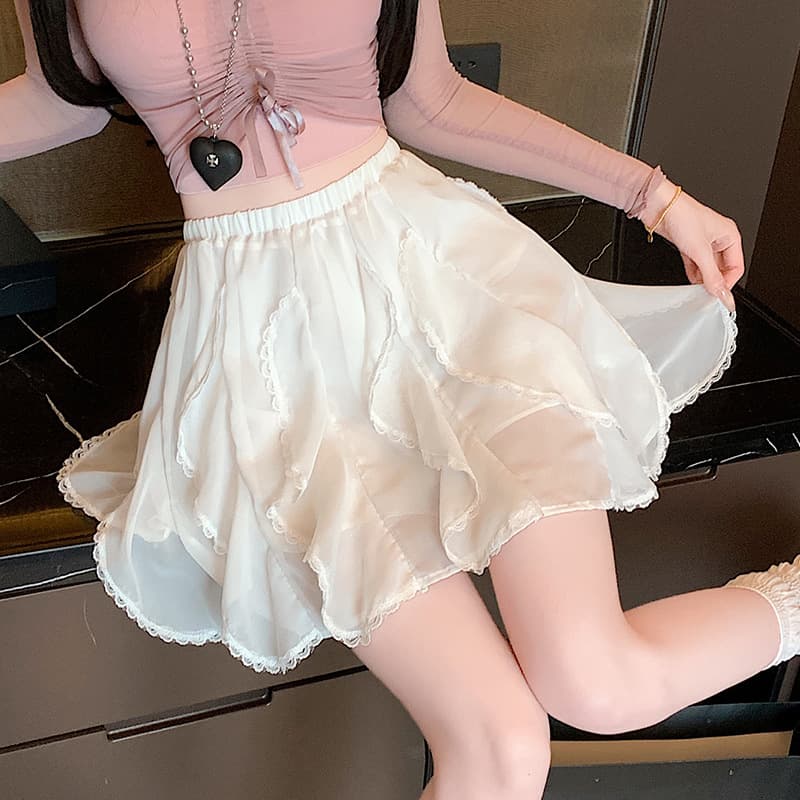 ミニスカート レース縁取りシフォンフレアミニスカート