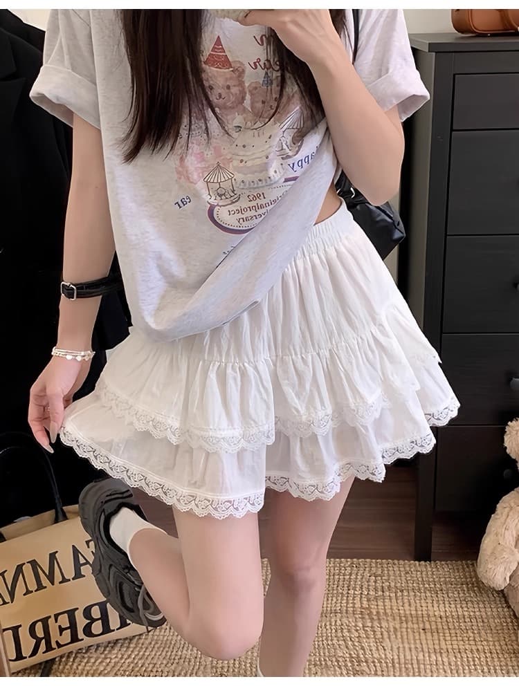ミニスカート レース縁取り二段フリルミニスカート