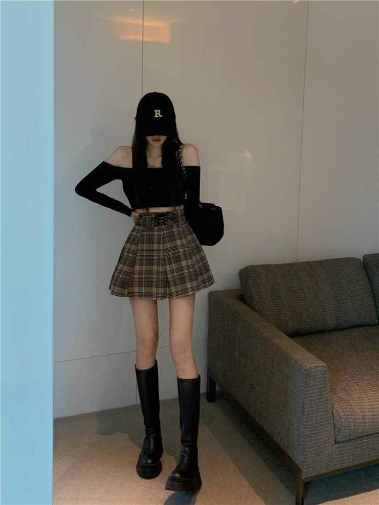 ハイウエストチェック柄プリーツミニスカート