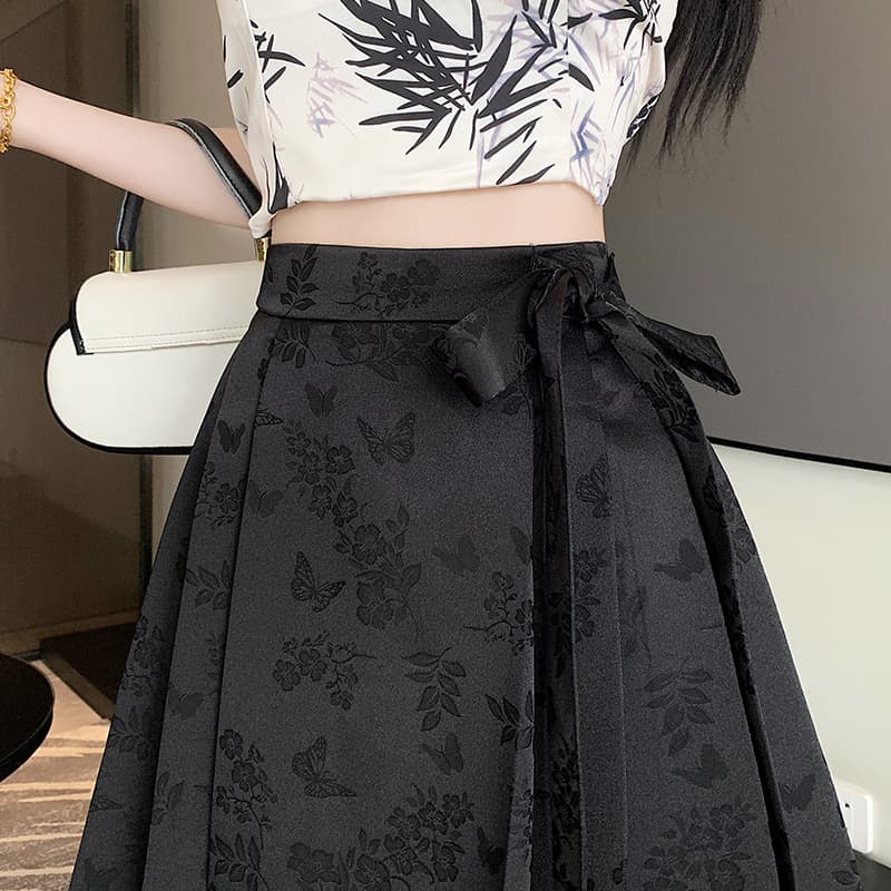 ミニスカート 花蝶舞うリボン付きプリーツミニスカート