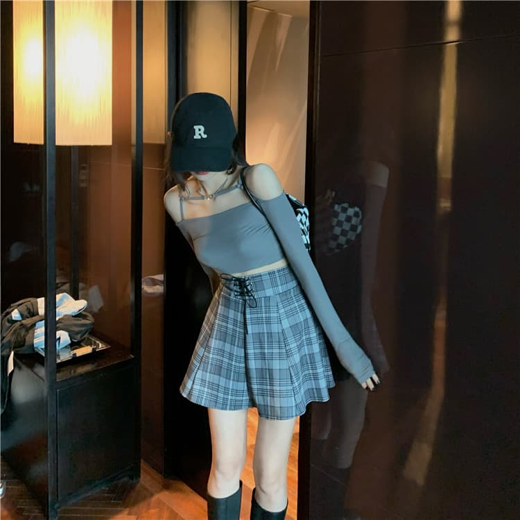 ハイウエストチェック柄プリーツミニスカート