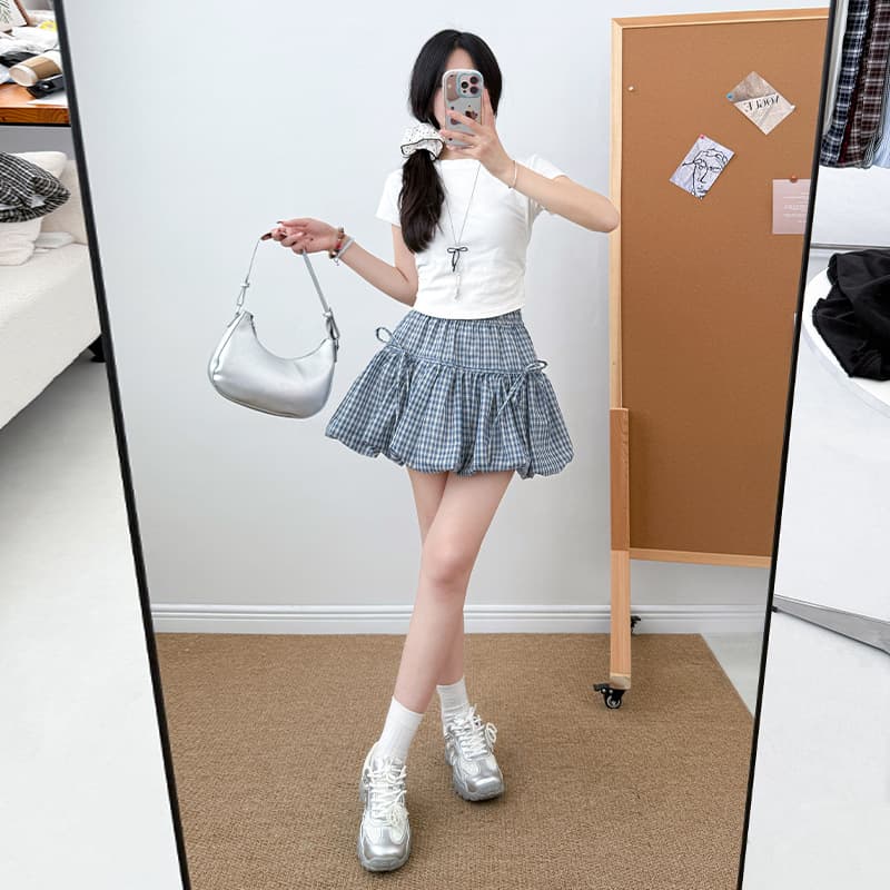 ミニスカート 格子柄ふんわりバルーンスカート