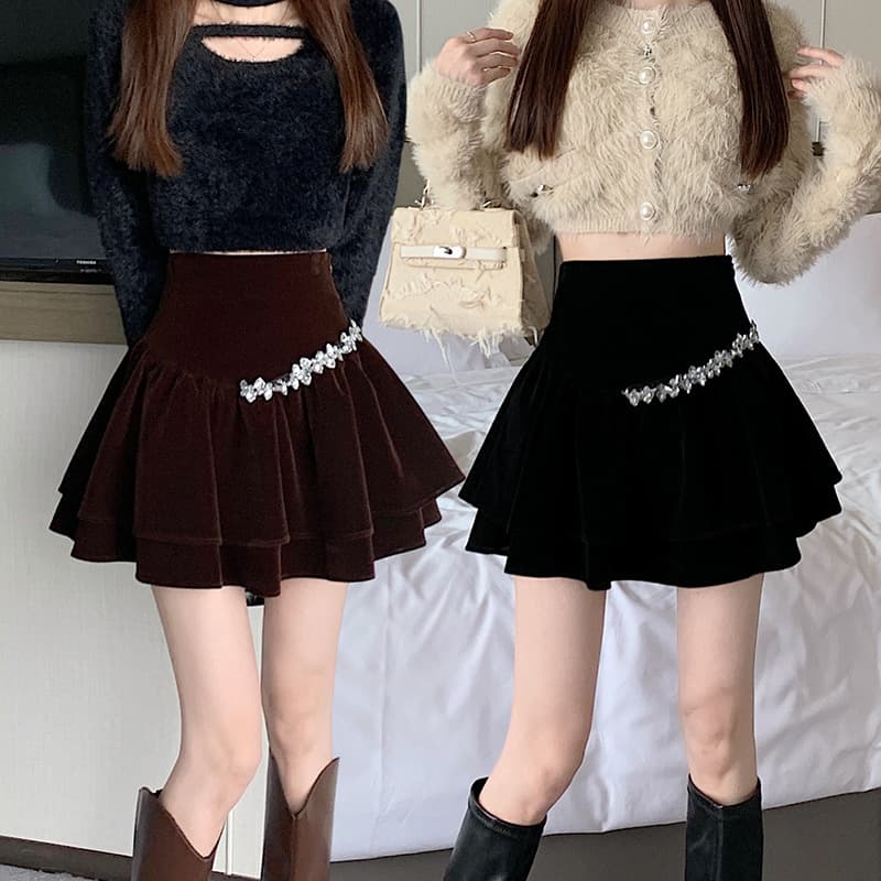 ミニスカート ビジューラインベロアフリルスカート