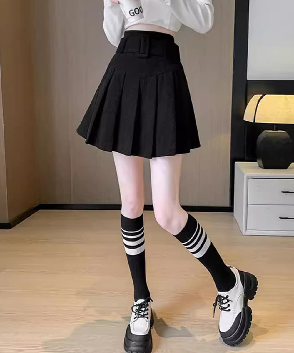 コーデュロイプリーツミニスカート ベルト付き