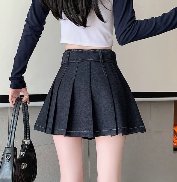 ハイウエストデニム風プリーツミニスカート