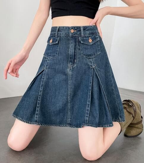 ハイウエストデニムプリーツミニスカート