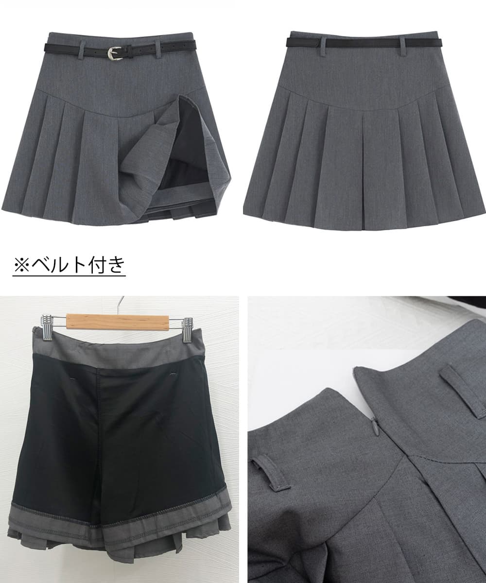 ベルト付きプリーツミニスカート ハイウエスト
