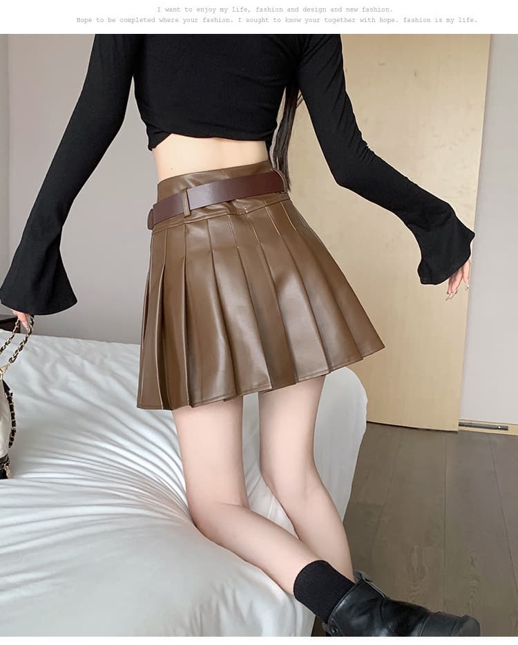 ミニスカート ベルト付き合皮プリーツミニスカート