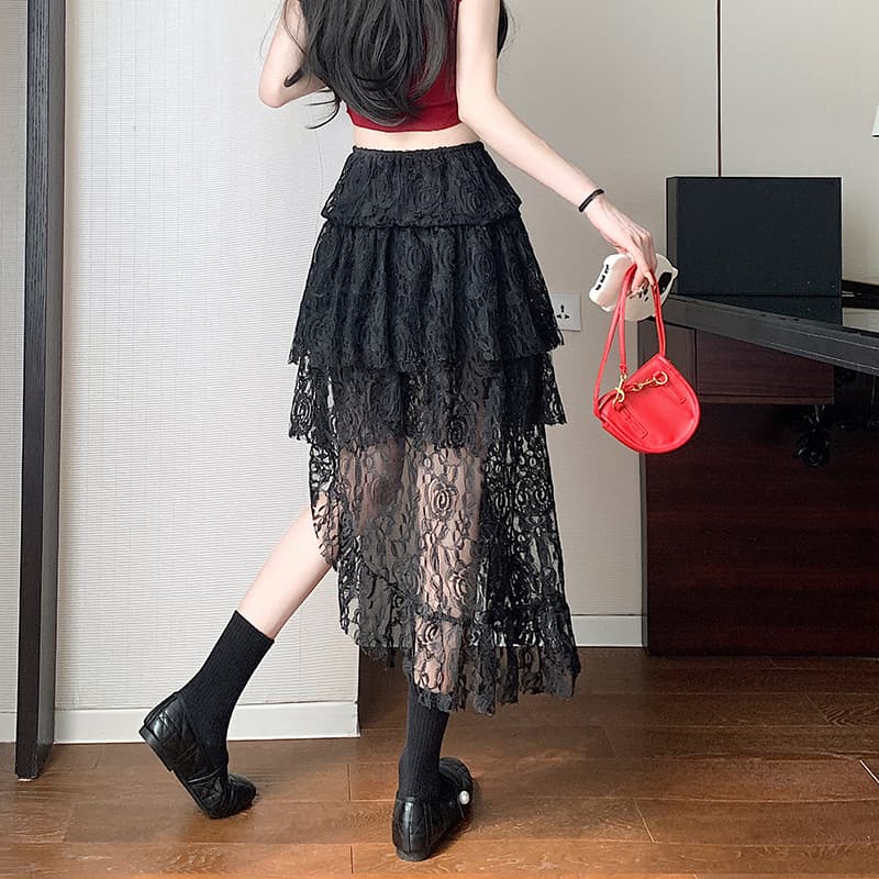 ミニスカート 花柄レース前短後長チュールスカート