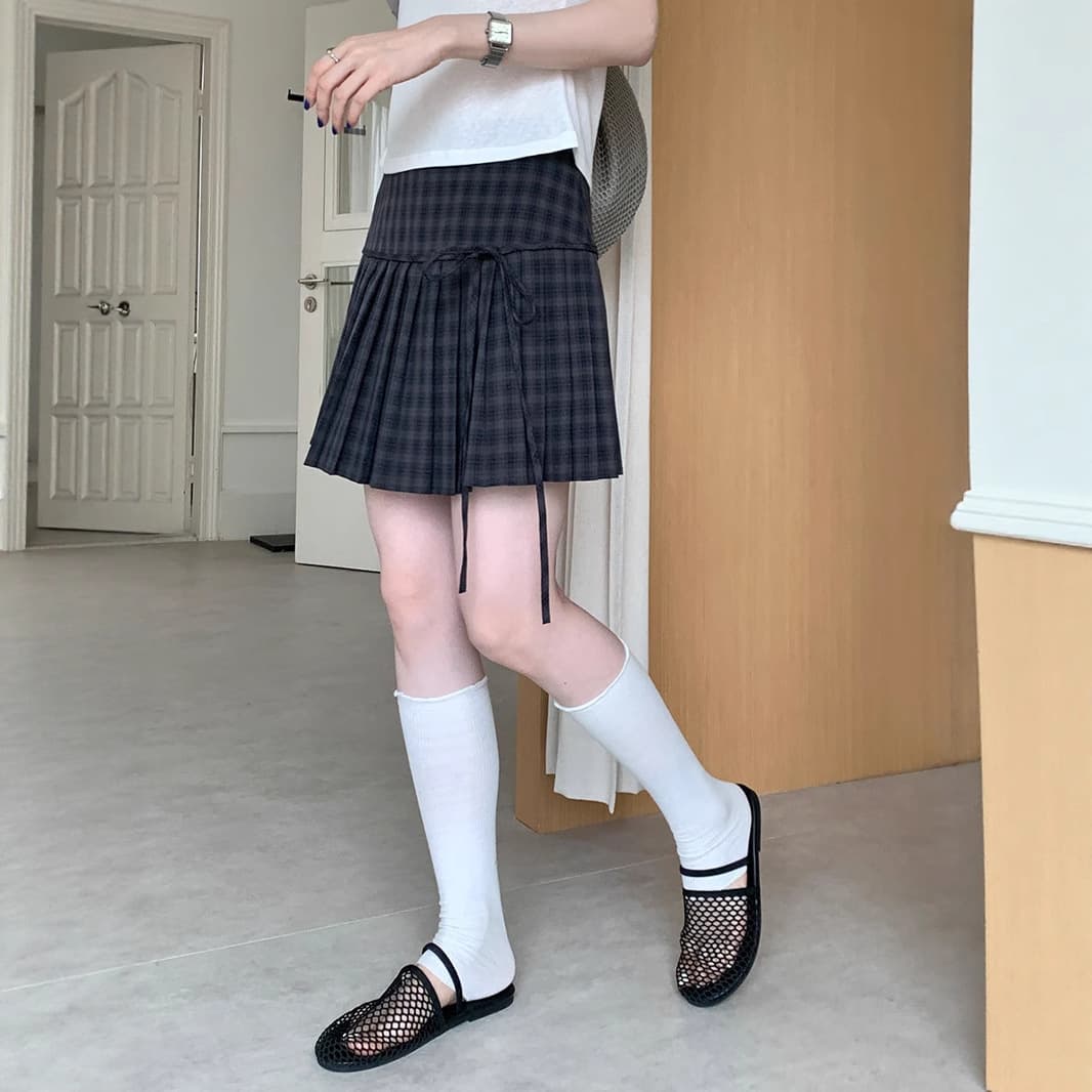 ミニスカート 格子柄リボン結びプリーツミニスカート