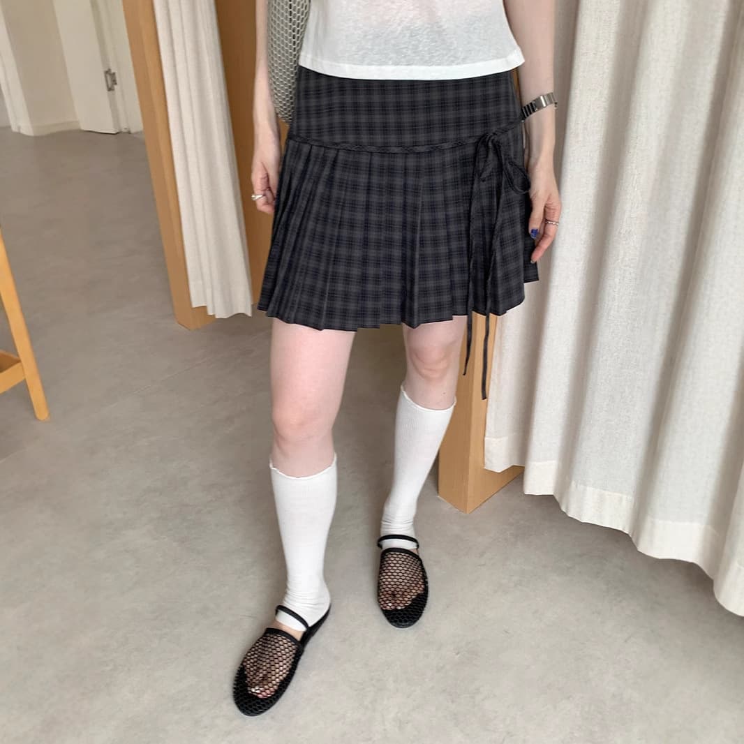 ミニスカート 格子柄リボン結びプリーツミニスカート