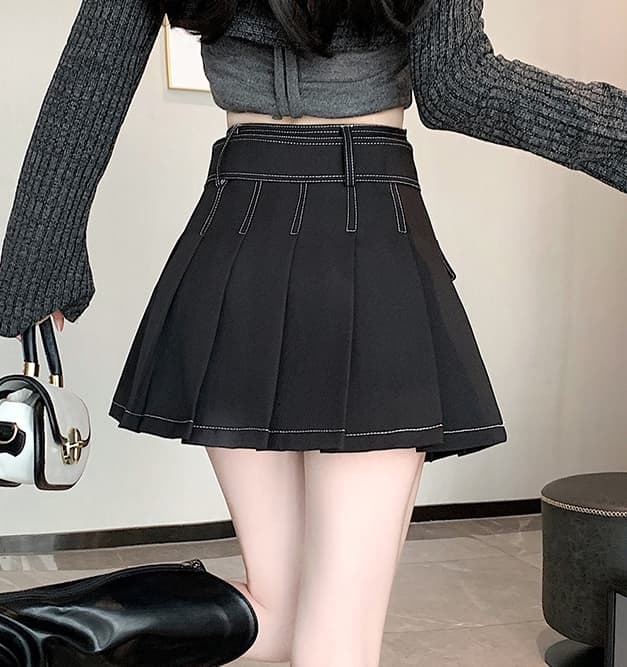 ハイウエストデニム風プリーツミニスカート