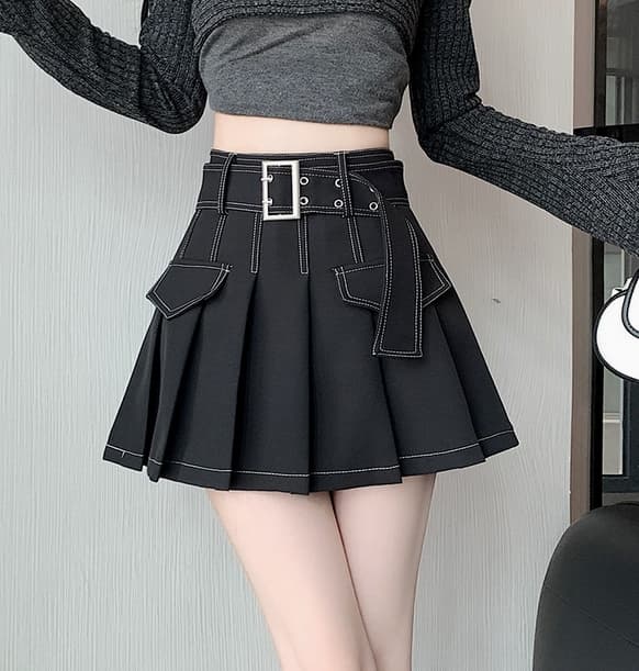 ハイウエストデニム風プリーツミニスカート