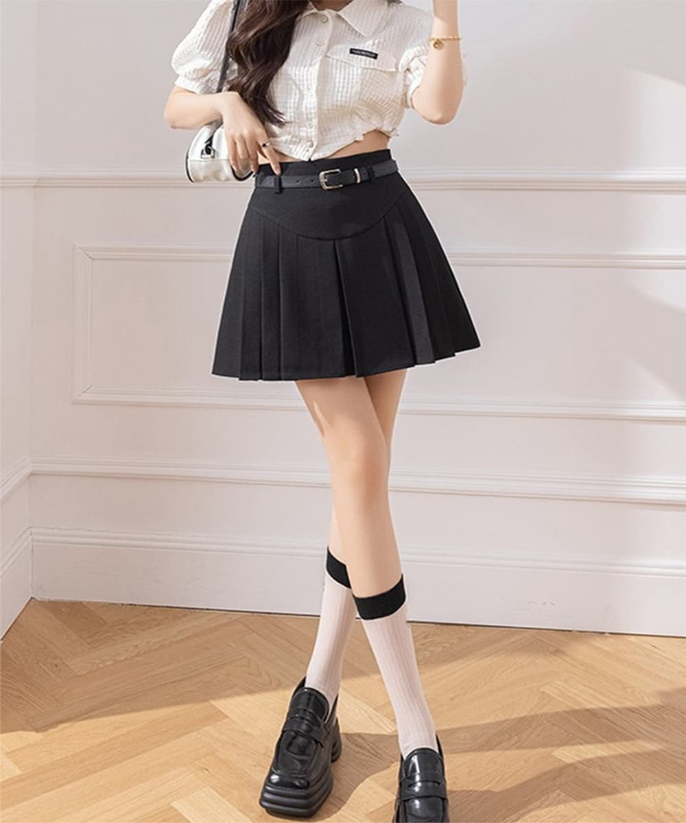 ベルト付きプリーツミニスカート ハイウエスト