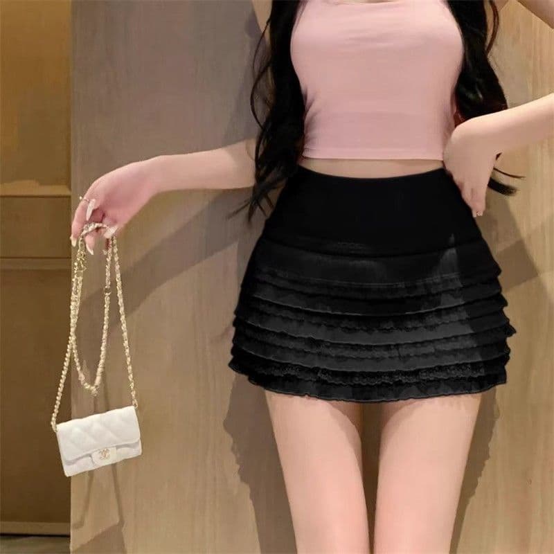 ミニスカート 重ね層フリルミニスカート