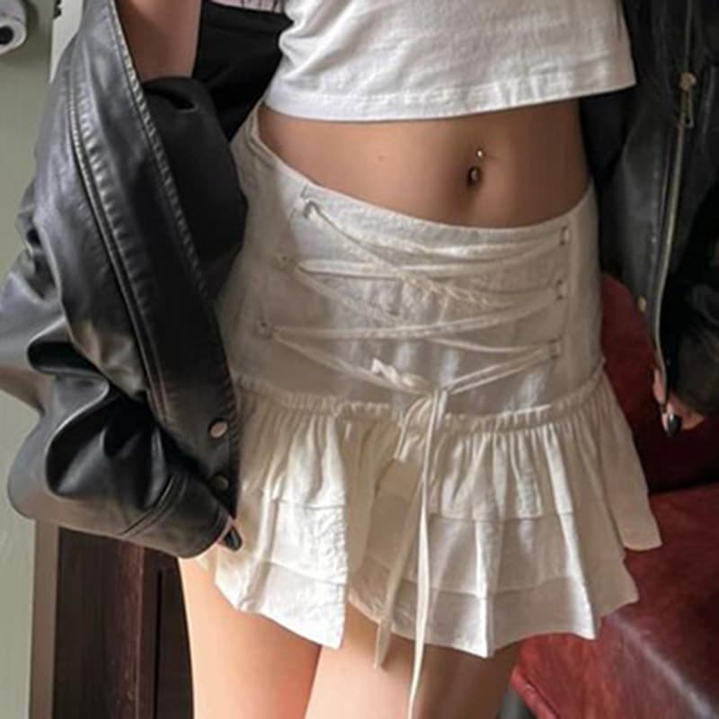 ミニスカート 紐結び二段フリルミニスカート
