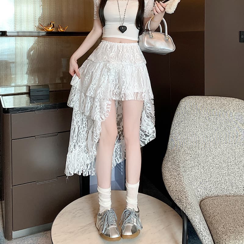 ミニスカート 花柄レース前短後長チュールスカート