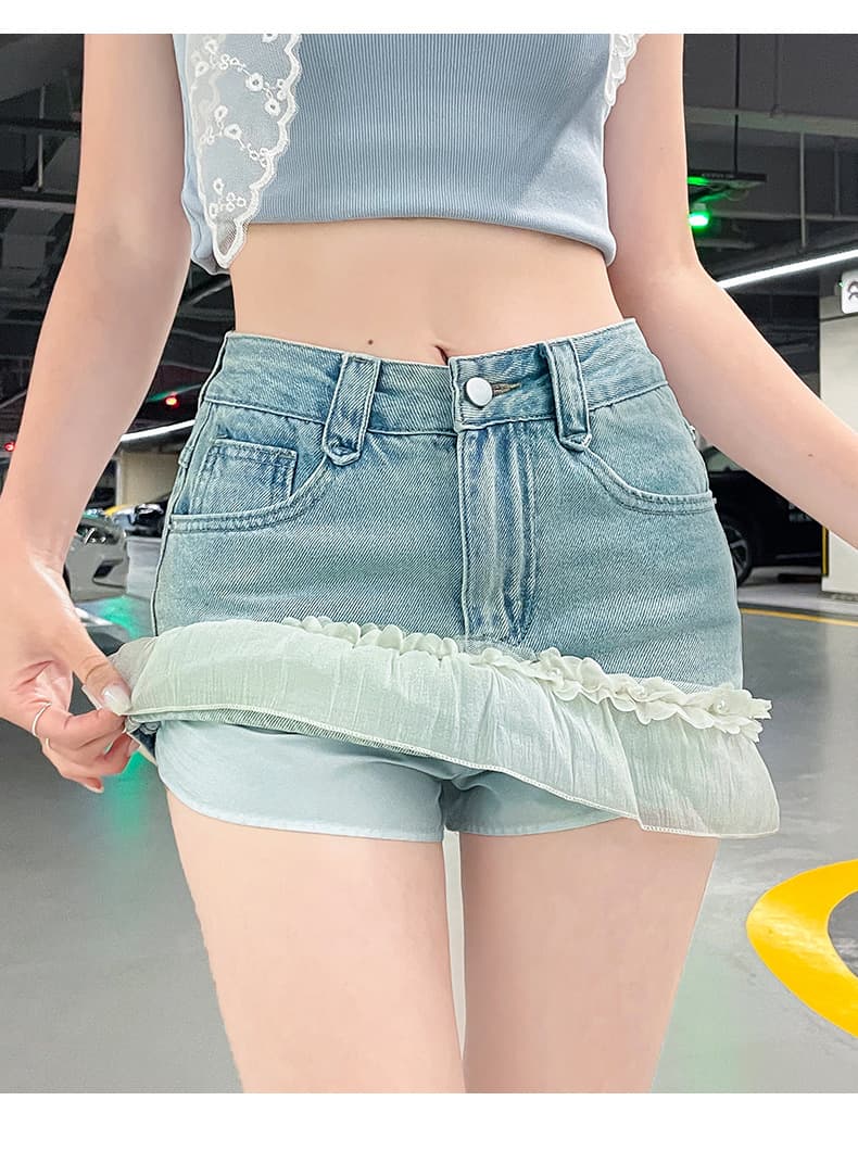 ミニスカート 裾シフォンフリル付きデニムミニスカート