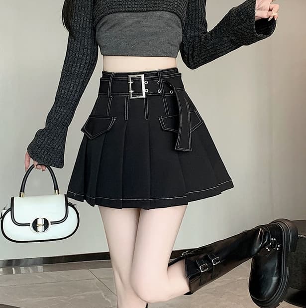 ハイウエストデニム風プリーツミニスカート